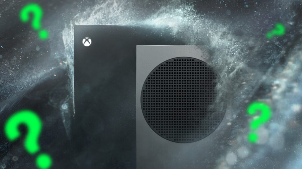 Console Xbox com efeitos gráficos e pontos de interrogação